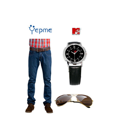 Yepme Grey Regular Jeans + MTV Brown Sunglasses + MTV Watch at 78% Discount