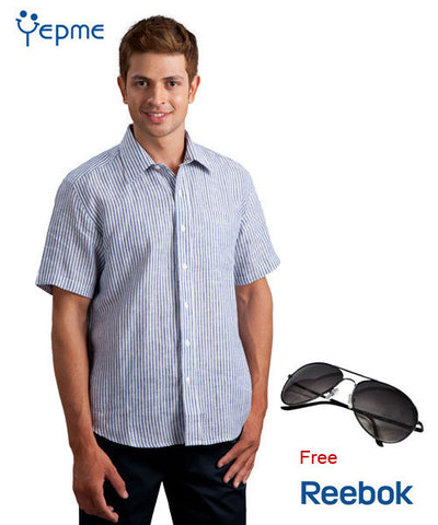 Linen Dark Blue Stripes Half Sleeve Shirt