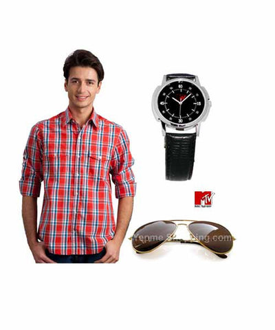 Buy Orange Check Shirt, MTV  Sunglasses and MTV Watch Combo!