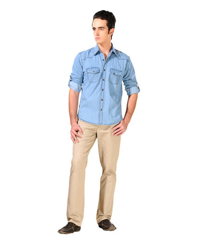 Yepme Light Blue Denim Shirt with Khaki Trouser & Brown Shoes