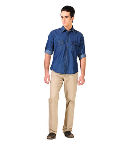 Yepme Dark Blue Denim Shirt with Khaki Trouser & Brown Shoes