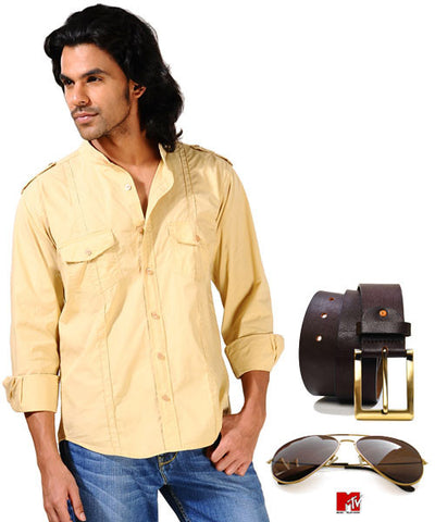 Yellow Turtle Neck Shirt, Mtv Sunglasses and Brown Belt Combo!