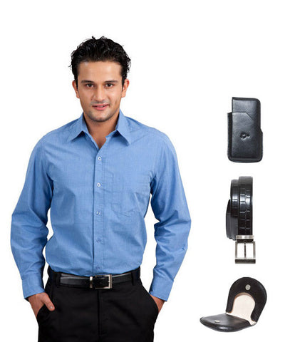 Blue Formal Shirt, Card holder, Coin Holder and Black Leather Belt Combo!