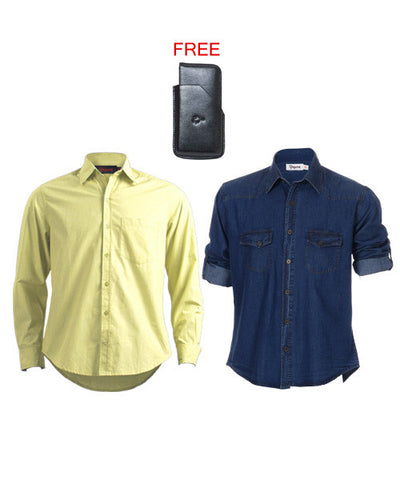 Yepme Dark Blue Denim Shirt, Lemon Formal Shirt Combo with Free Card Holder!