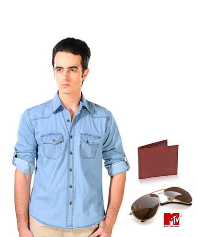 Light Blue Denim Shirt, Brown Wallet and MTV Sunglasses Combo!