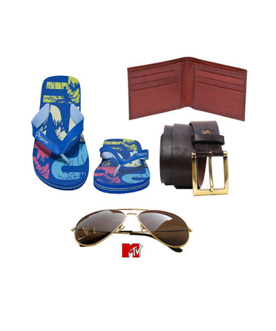 Blue Flip Flop, Dark Brown Leather Belt, Brown Wallet and Free MTV Sunglasses Combo!