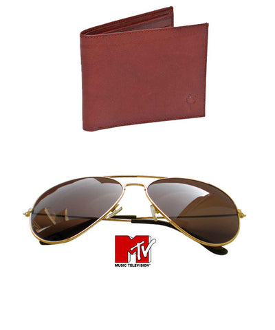 MTV Brown Sunglasses And Brown Leather Wallet Combo!